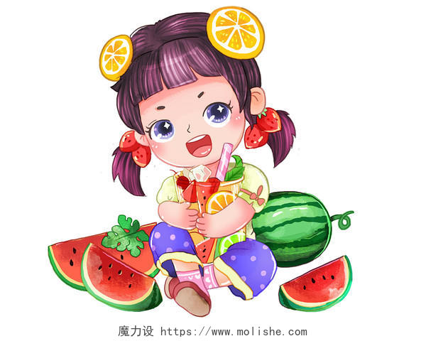 夏天怀抱水果饮料卡通国潮风女孩插画